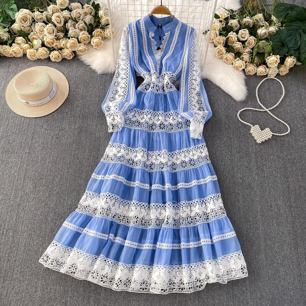 Vestidos de Noite de Baile de Outono de Designer de Luxo Vazados Bordados Para Mulheres Renda Patchwork Decote em V Manga Longa Lanterna Maxi Robe