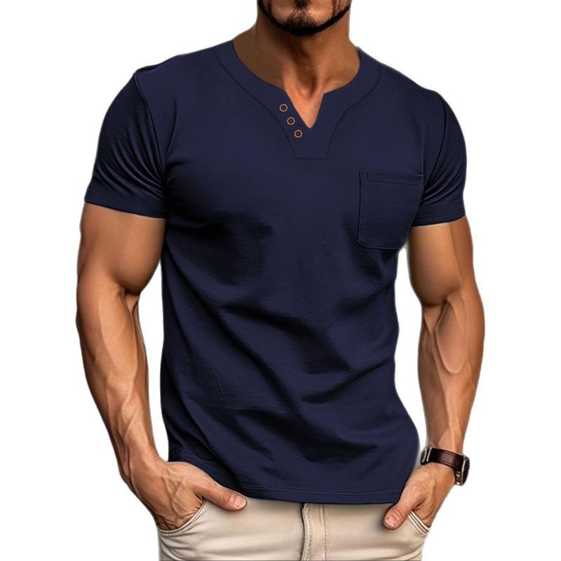 Mens V Neck Short Sleeve Solid Color Loose Fit T Shirt