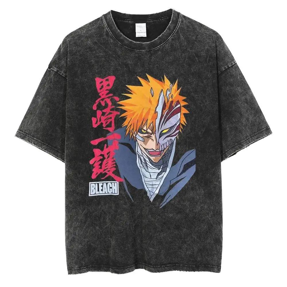 2026 BLEACH Ichigo Kurosaki Hollow Mask Print T-shirt Black Washed Oversized Cotton Casual Streetwear Tee For Fans