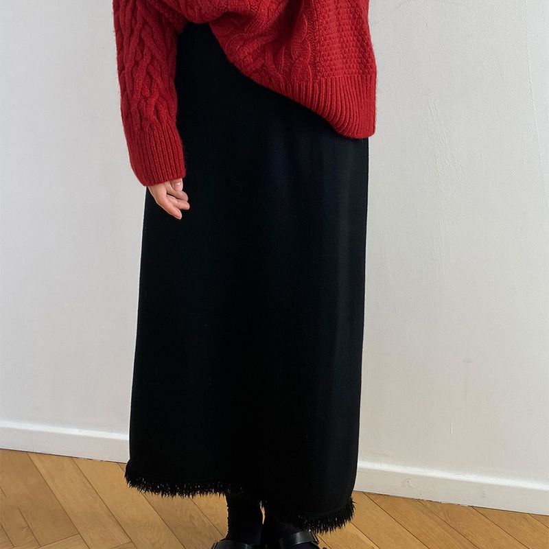 High-End Luxury Fringed Women's Knitted Midi Skirt Elegant Straight Bodycon Skirt High Waist