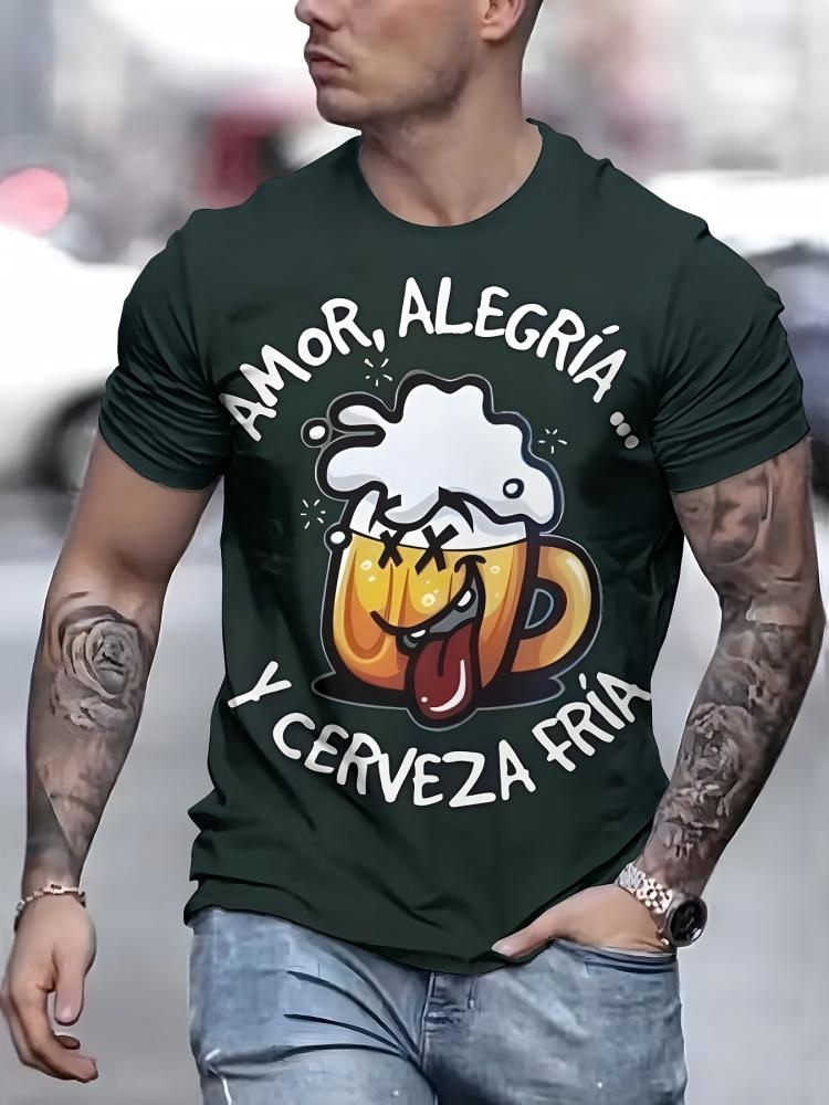 Cartoon Beer Print Men's T-shirt Street Style Men's Urban Fashion Short-sleeved Top Summer Everyday Casual Men's T-shirt