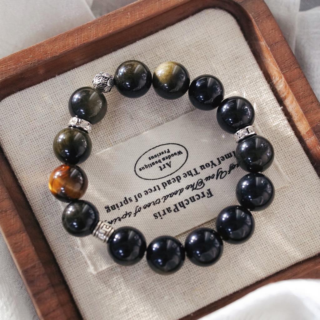 12Mm Large Particle High Quality Natural Tiger Eye Stone Obsidian Design Bracelet Bracelet