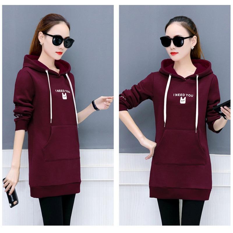 Осень и зима новый корейский стиль женский пуловер свободный большой размер студенческий с капюшоном средней длины бархатный вышитый свитшот для женщин M 1915₽