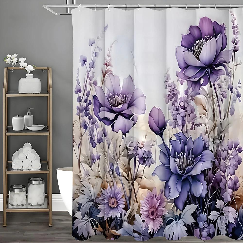 Purple Floral Flower Decorative Shower Curtain, Bathroom Decorative Shower Curtain, Waterproof Shower Curtain with Hooks