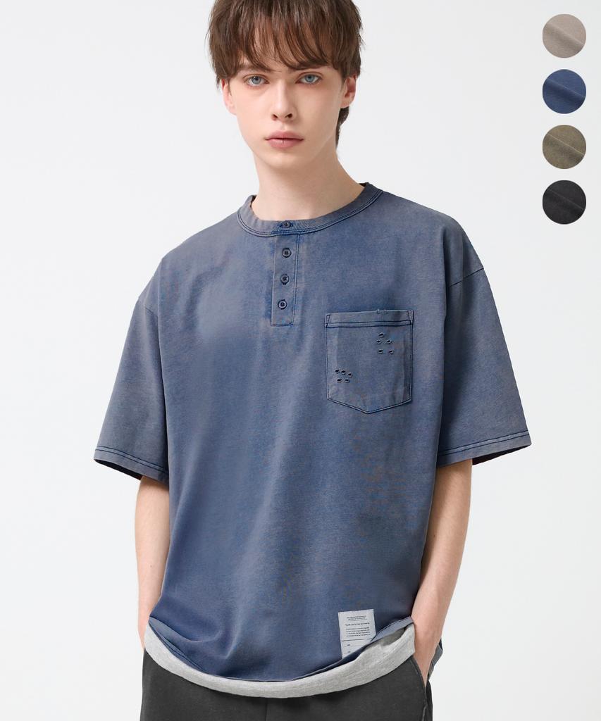 TRILLION Vintage Work Patch Pigment Henley Neck Short Sleeve_4Color