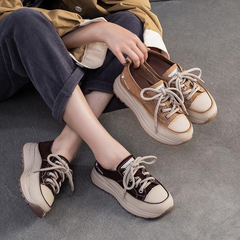 Fashion GKTINOO Genuine Leather Sneakers Thick Soled Casual Women's Shoes 2025 Autumn New Round Toe Lace-up Flat Platform Shoes