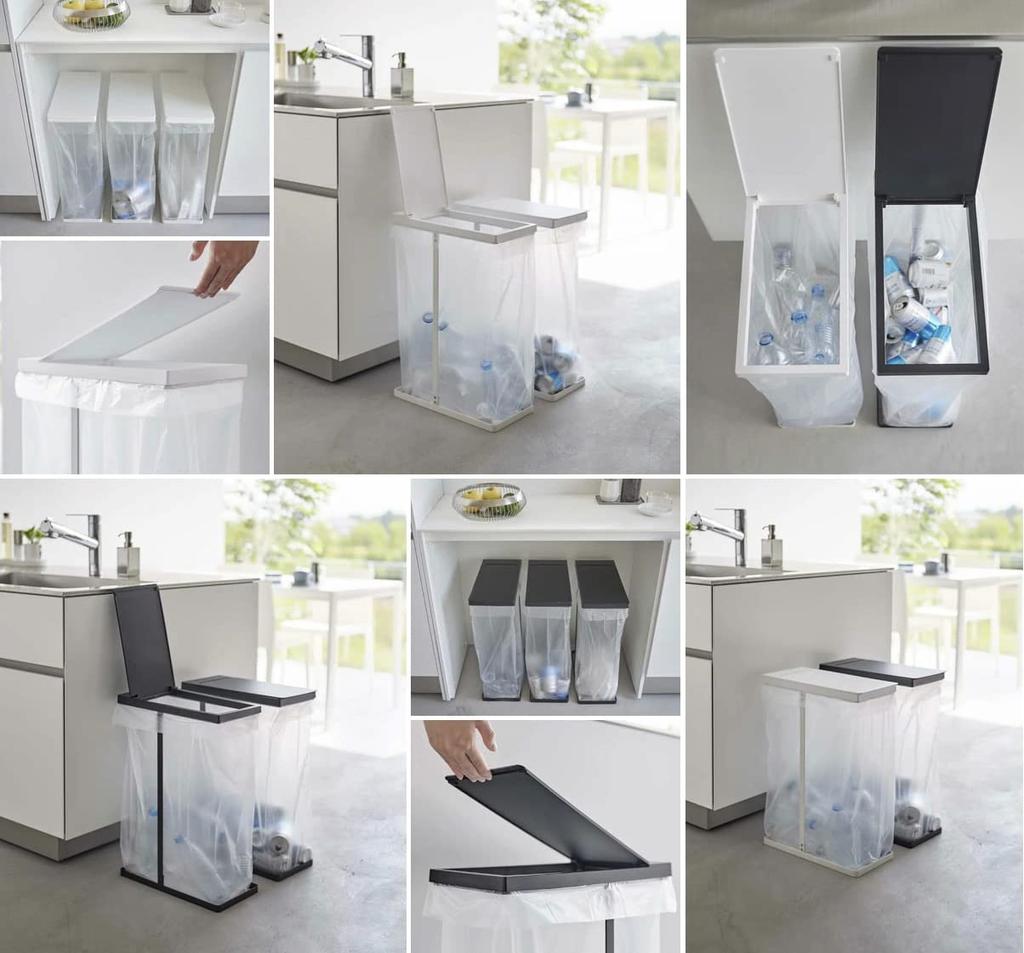 Yamazaki Jitsugyo Schmaler Müllsortierbeutelhalter mit Set zur Mülltrennung mit 45 Küche 5838 x 3 (Yamazaki) Deckel, 3, Deckel, Liter, Turm, Weiß,