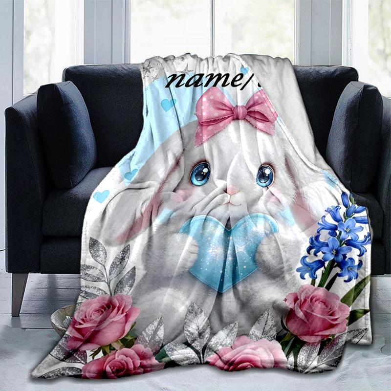 1PC Custom Name Cute Bunny Heart Outdooor Flannel Blankets Throw Blanket All-Season Throw Gift Bedspread for Couch, Bed, Camping Holiday Birthday Gift