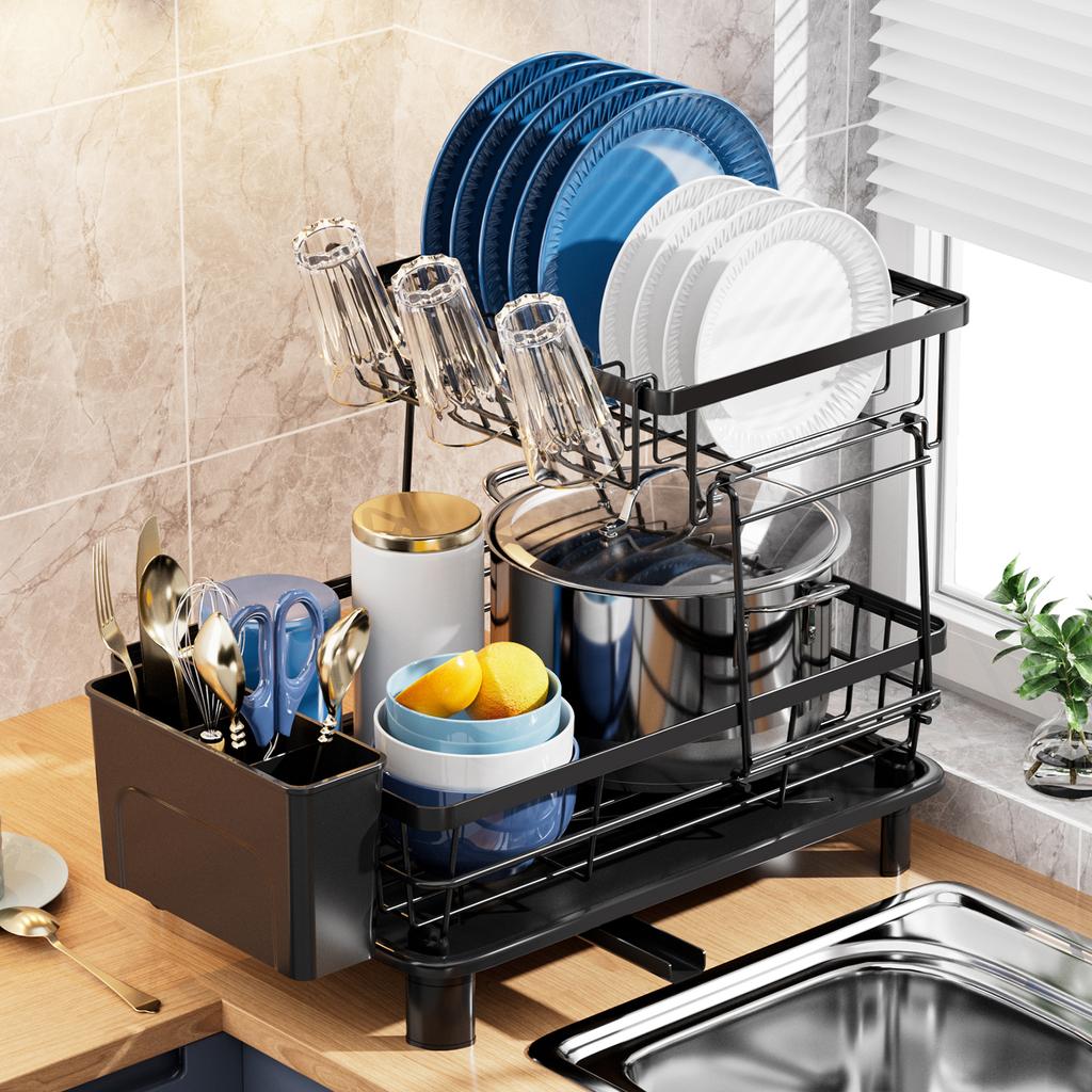 1PC Dish Drying Rack 2 Tier Large Dish Drainer Rack for Kitchen Counter, Rustproof Space Saving, Black
