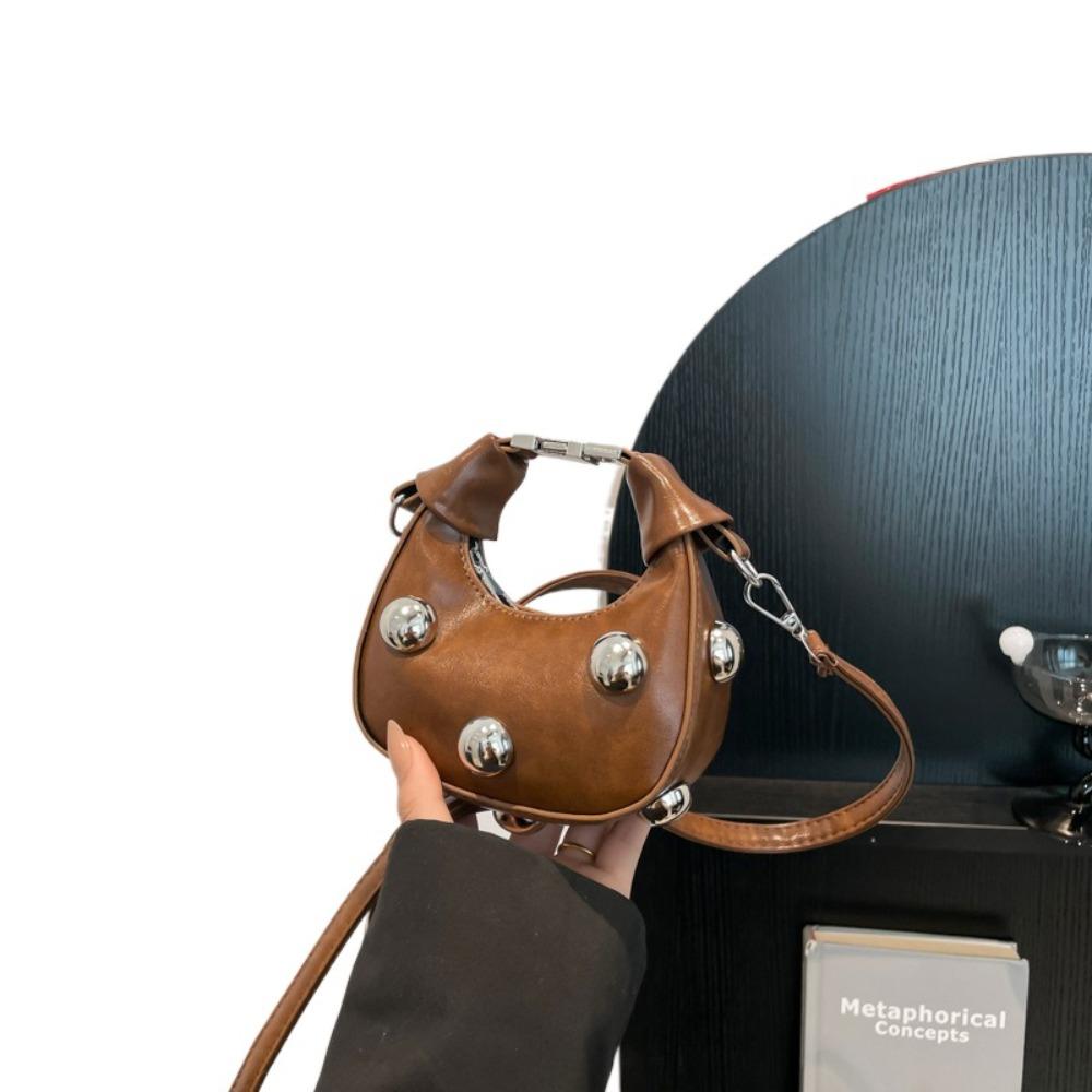 

Retro Single Shoulder Bag PU Lipstick Storage Bag Fashion Mini Riveted Handbag Women коричневый