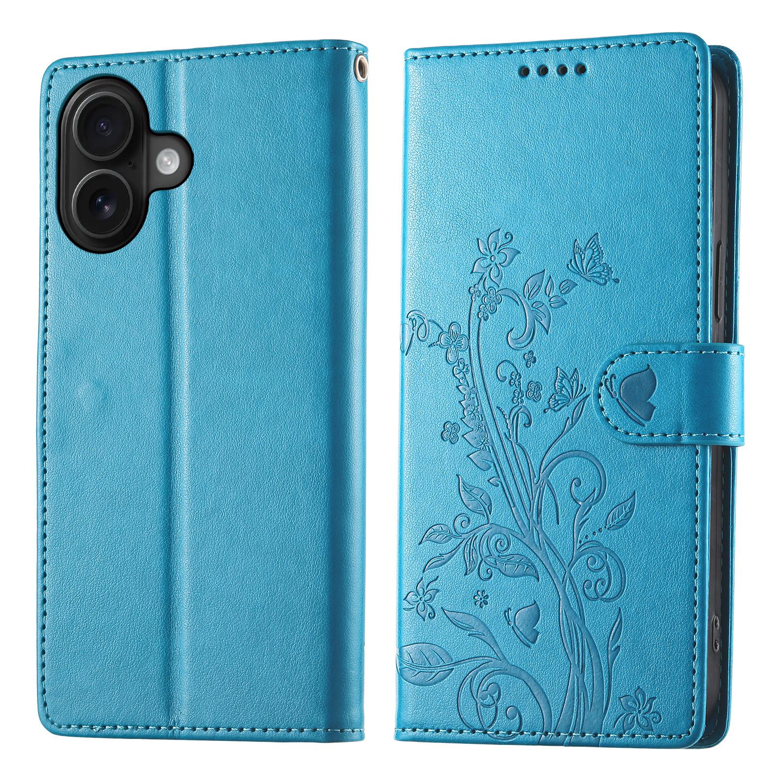 

For iPhone 16 Wallet Case Butterfly Floral Imprint PU Leather Phone Cover with Wrist Strap Blue