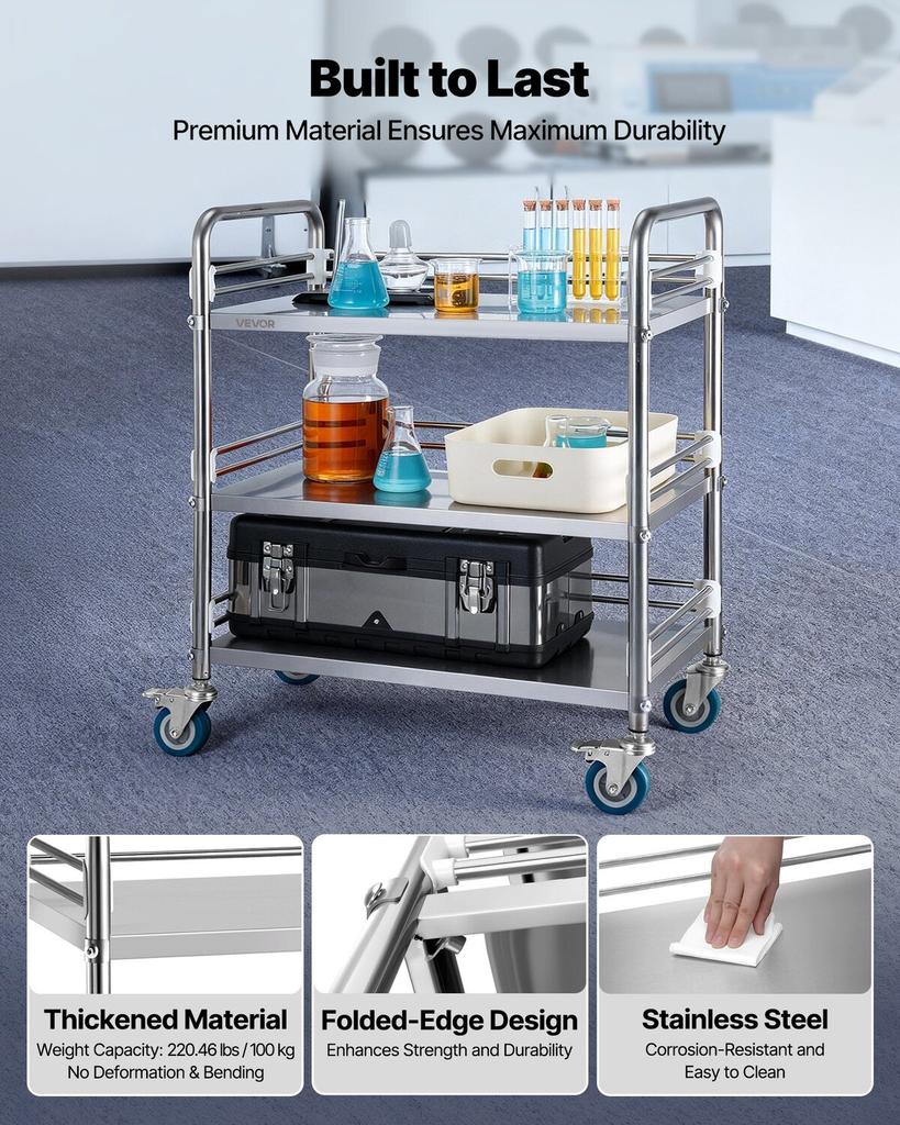 Stainless Steel Cart, 3-Tier Rolling Lab Utility Cart with Lockable Wheels, Medical Serving Trolley Clinic Tray, Heavy Duty Mobile Service Storage