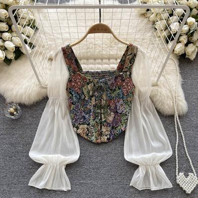 Frauen Frühling Herbst Retro Y2K Rose Blume Druck Langarm Gothic Shirts Mode Unregelmäßigen Verband Party Blusen