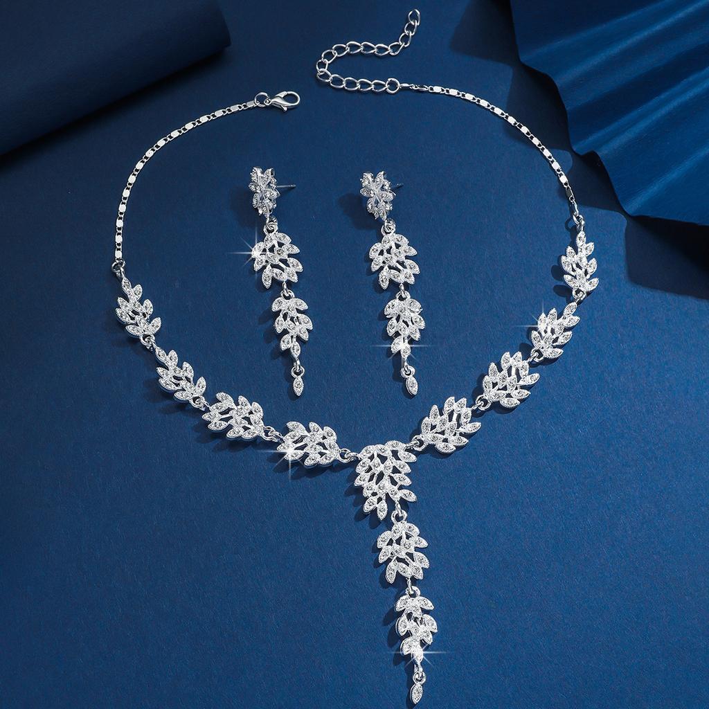 Damen modisches Design, Blatt-Halskette, Ohrringe, Zirkon-Set mit Krone, Hochzeitsfeier, Weihnachtsgeschenk