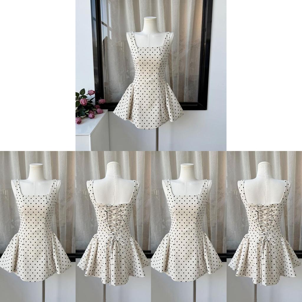 Französisches gepunktetes Sommerkleid für Mädchen, lässig, A-Linie, ärmellos, hohe Taille, mit 3D-Verzierungen