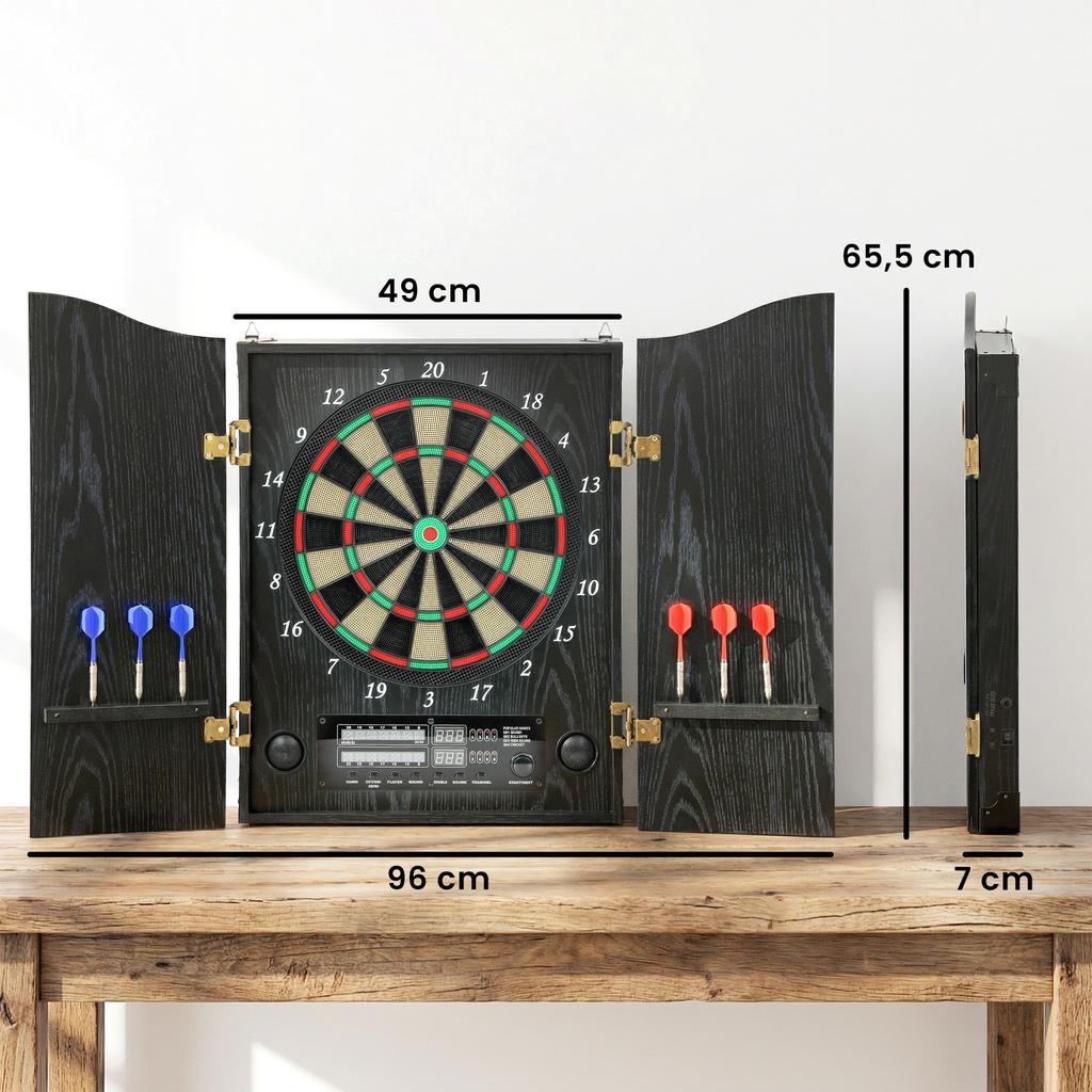 Electronic Dartboard E-Dartboard with Doors, Wood Look, LED Display, Voice Announcements, 6 Darts, 24 Replacement Tips