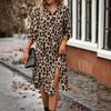For Spring Fall Women's Elegant Leopard Print Shirt Dress with Button Front and Roll Up Sleeve
