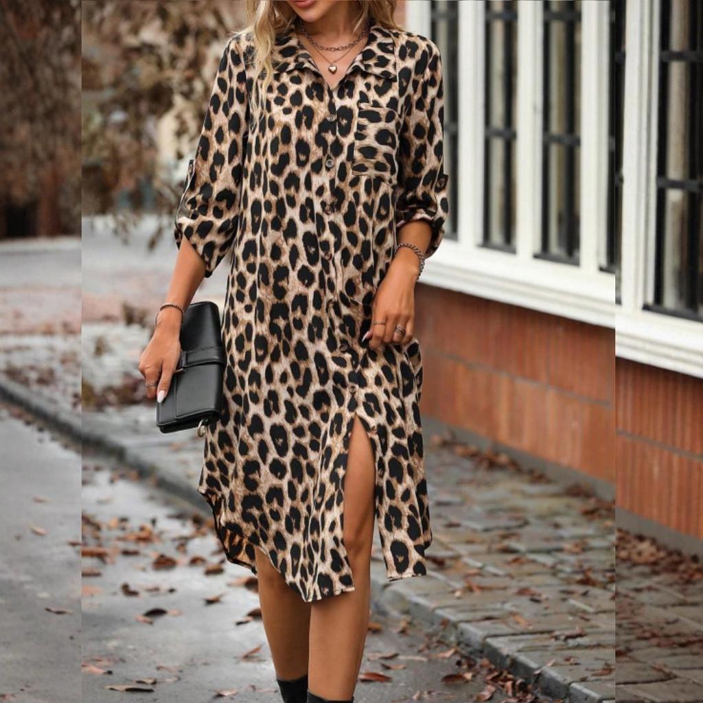For Spring Fall Women's Elegant Leopard Print Shirt Dress with Button Front and Roll Up Sleeve