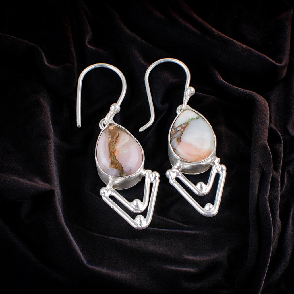 925 Sterling SilverPink Copper Turquoise Gemstone Pretty Jewelry Earrings 1.90" EE-39-35