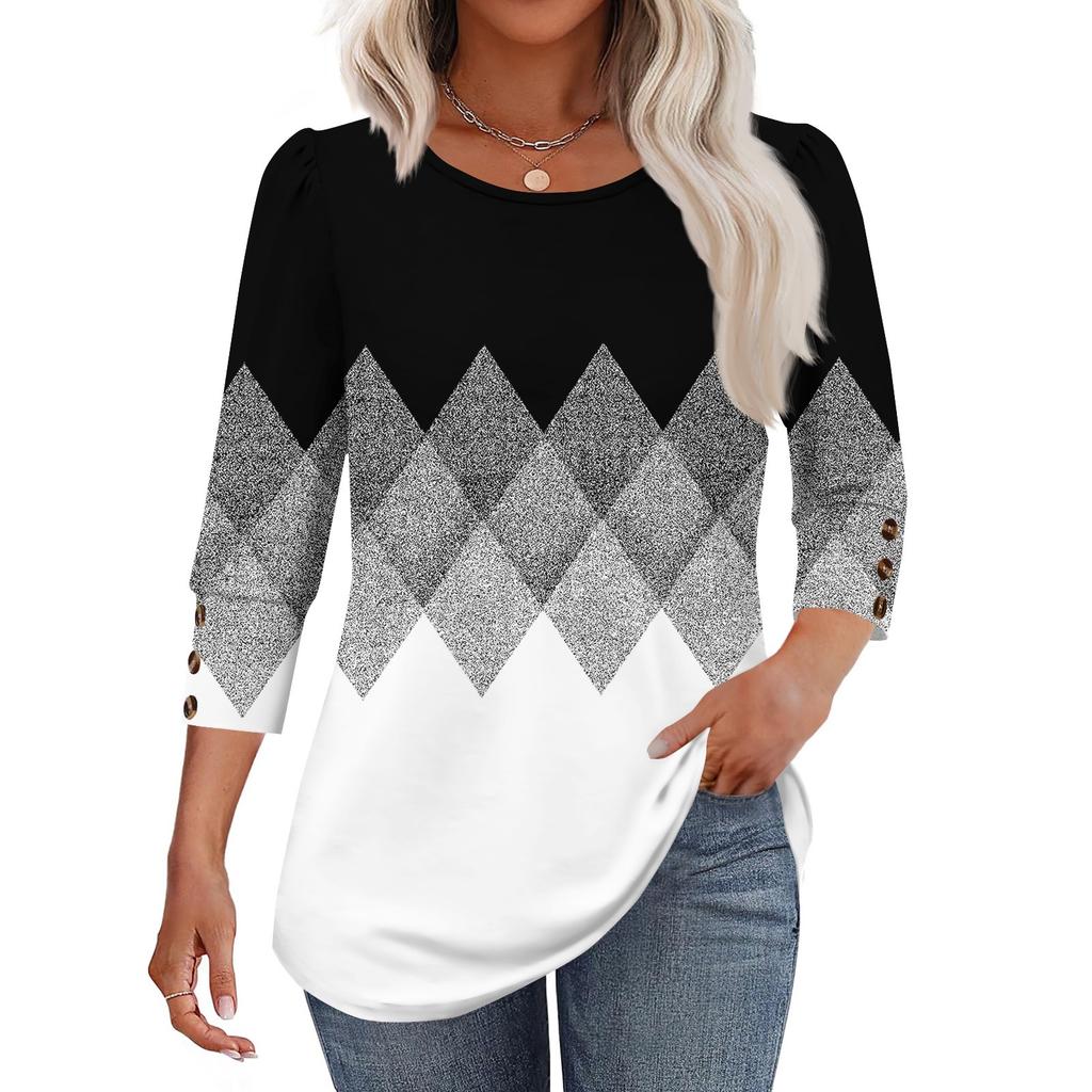 Women's Fashion Casual Color Block Stitched Print Round Neck Seven-sleeve T-shirt Top