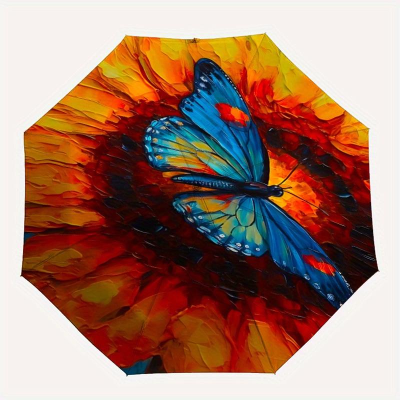 

1pc Butterfly Sunflower Auto Open/Close Cute Umbrella - Compact Travel Umbrella, 8-Rib Heavy-Duty Construction, Ideal Gift, Outdoor Accessor