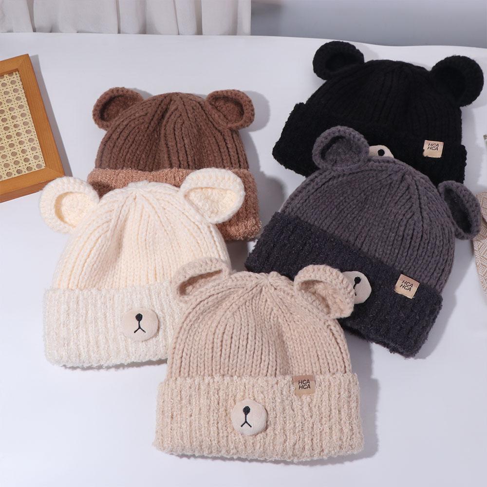 Solid Color Winter Beanie Cap Keep Warm Woolen Ear Protection Hat Bear Ear Knitted Hat Girls