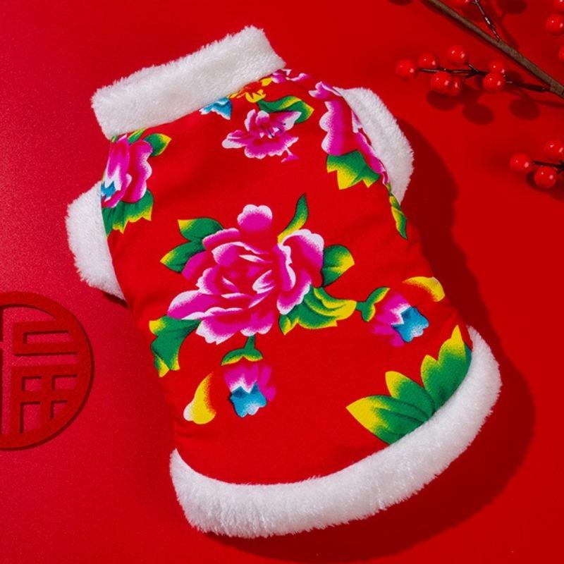 Dog Clothes Autumn Winter Plus Velvet Thick Warm Flower Jacket Teddy Small Dog Cat Pet Christmas Party Costumes Chinese Pet Vest