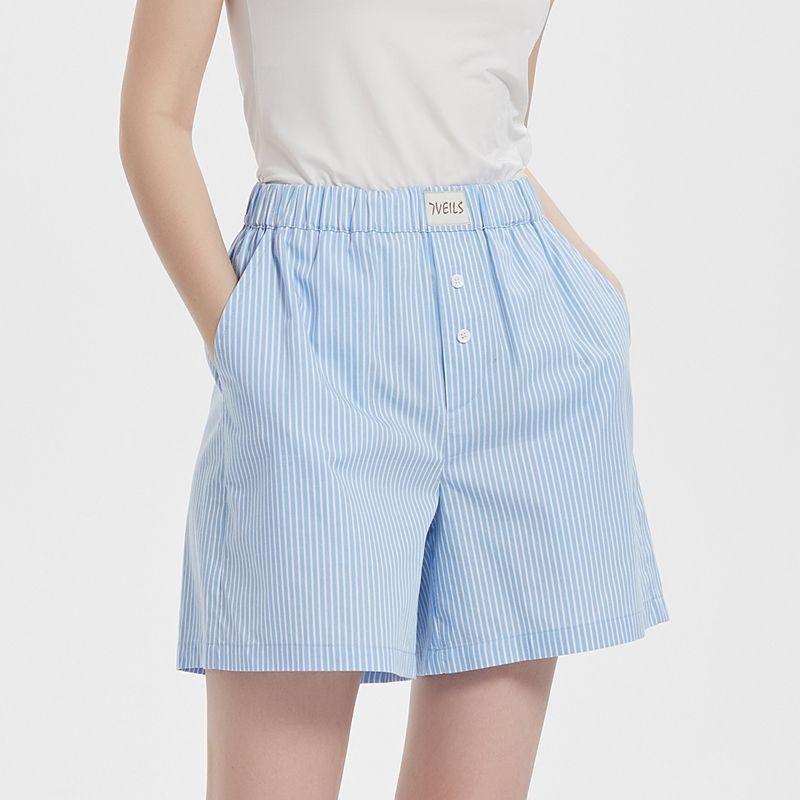 Classic Blue and White Stripes Cotton Women's Long-Sleeved Shorts Pajamas