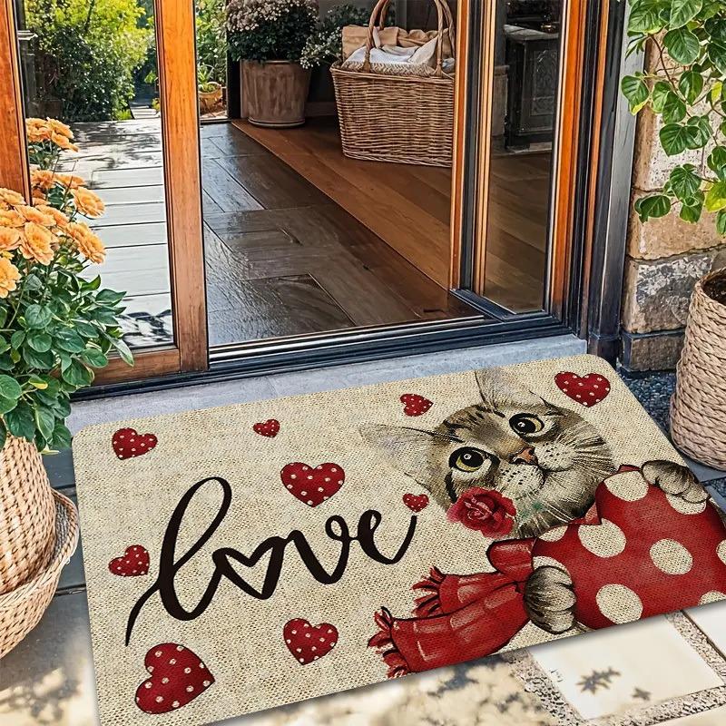 Rose Cat Valentine's Day doormat, easy to clean and durable