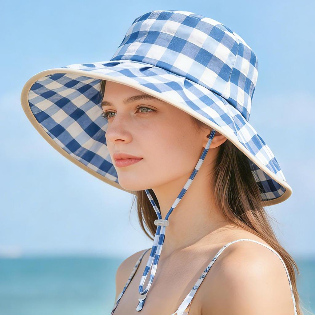 Checkered Wide Brim Bucket Hat for Women, UV Protection Sun Hat with Adjustable Chin Strap, Foldable Outdoor Beach Gardening Cap