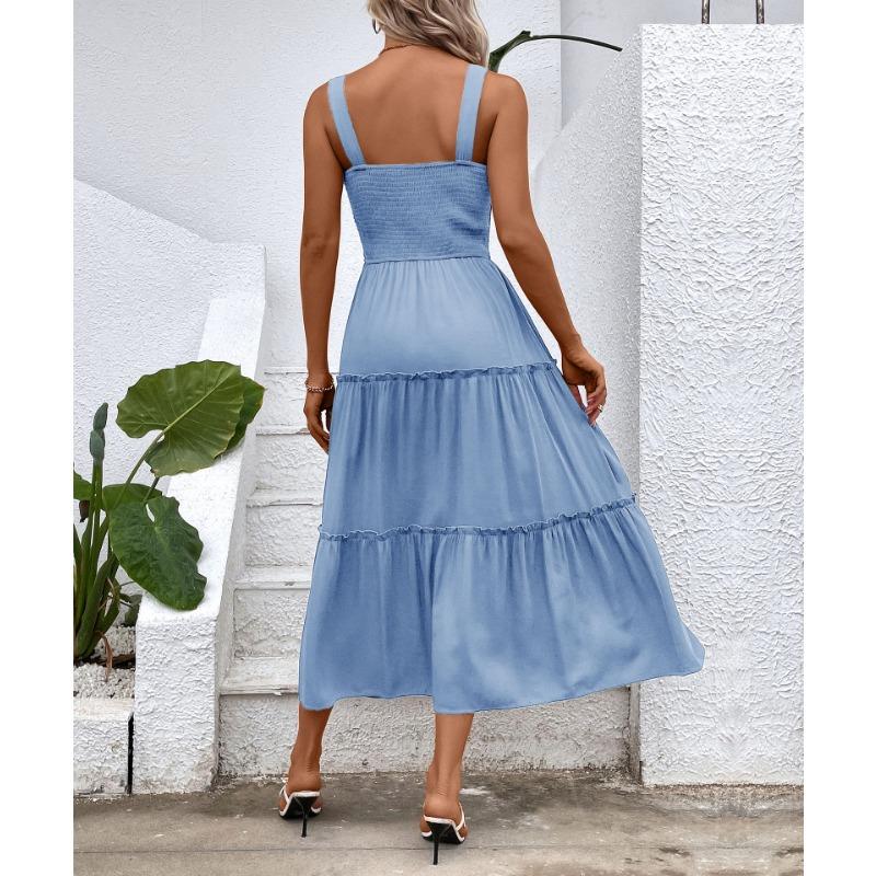 VEZFAA Kvinnemote Sommer Vår Ensfarget Print Ermeløse seler Høy midje Uformelle kjoler