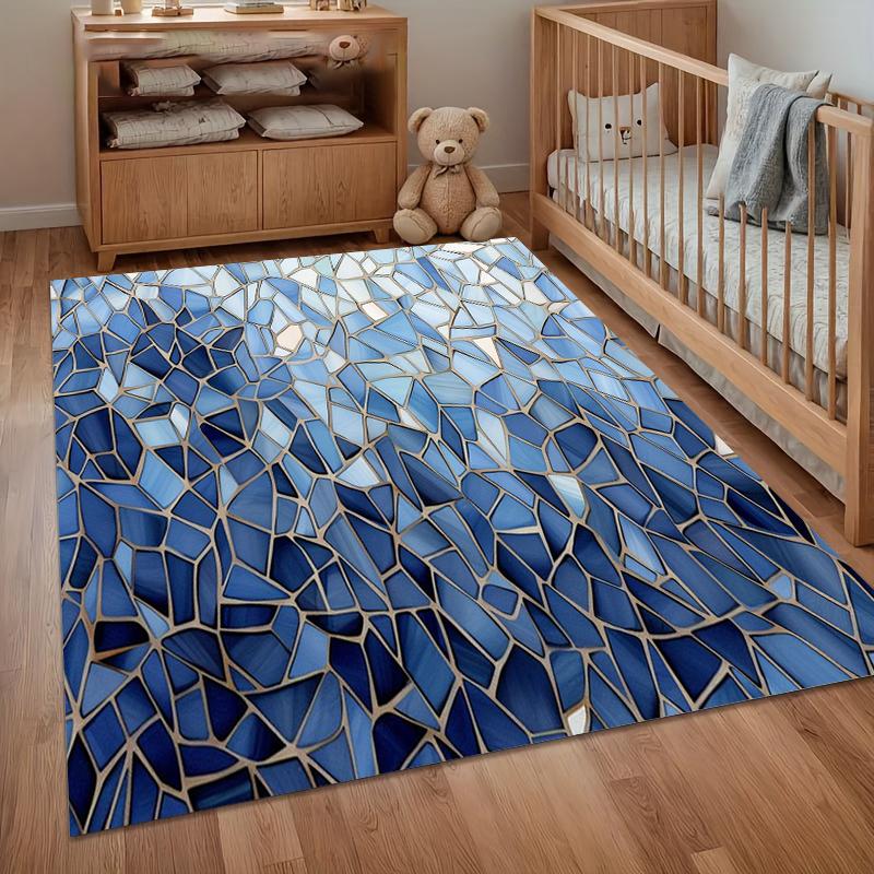 Blue Mosaic Area Rug Non Slip Washable Floor Carpet for Living Room Bedroom Entryway with Irregular Tile Pattern