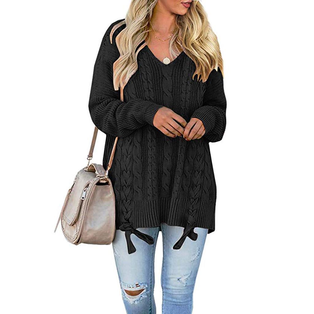 

Женский однотонный вязаный свитер с длинным рукавом и v-образным вырезом, пуловер, топ