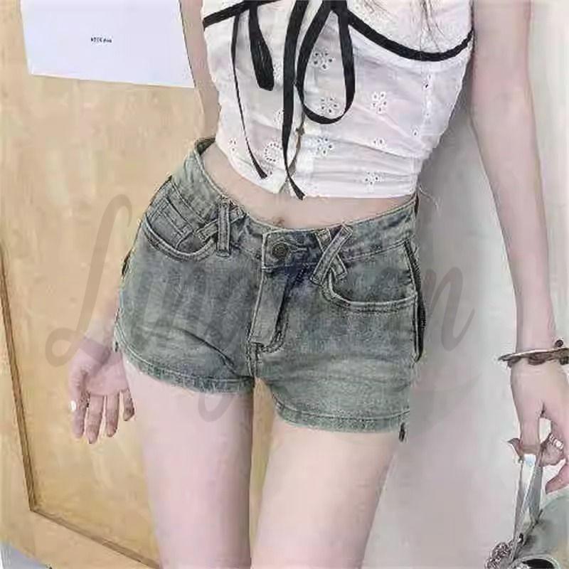 

Women s High Waist Retro Denim Shorts with Side Zipper - Summer Thin Design, Spicy Bodycon Fit, Wide Leg Booty Style M світло-синій колір