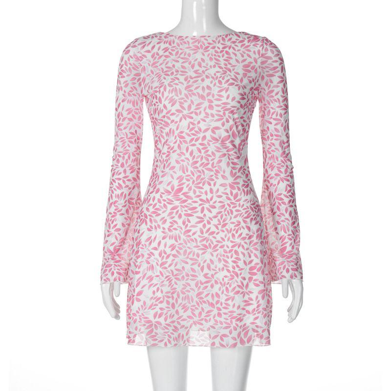 

Fashion Style Women s Clothing 2024 Summer New Arrival Fashion Print round-Neck Flared Sleeves Sexy Backless Dress Pink L