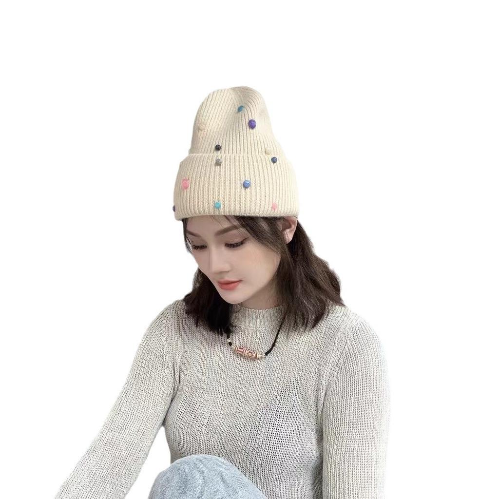 New Rabbit Hair Handmade Colorful Pearl Wool Hat Men and Women Outdoor Warm Personality Street Knitted Head Cold Hat
