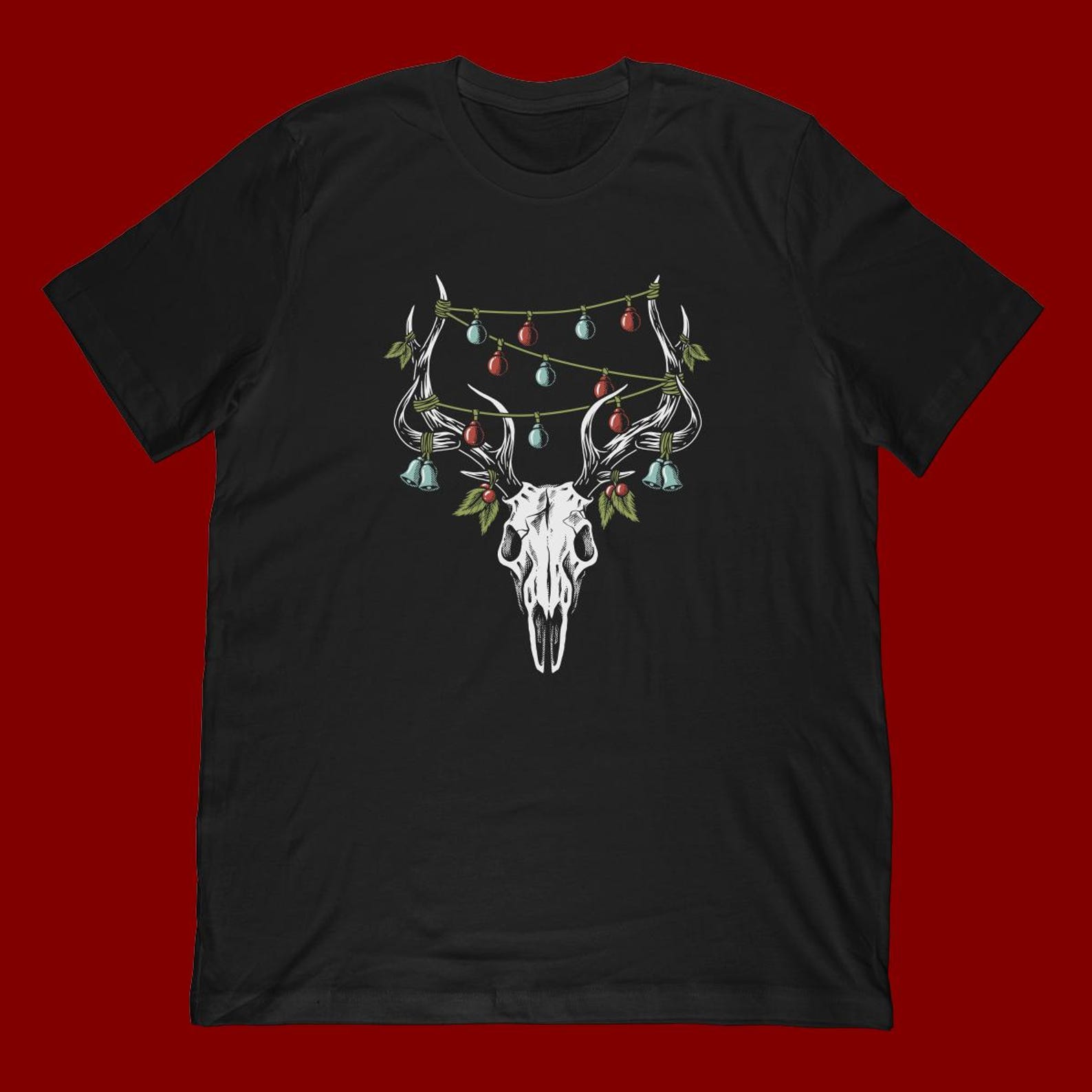 Deer Skull with String Lights Tee | Rustic Woodland Skull Shirt L