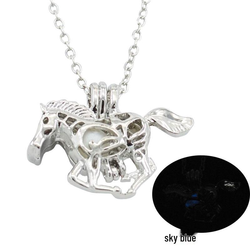 Luminous Black Night Glow Pony Pendant Necklace with Hollow Bead Design