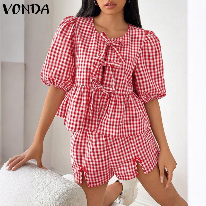 VONDA Damen Sets Kurzarm Schleifenknoten Karomuster Oberteile und Shorts mit elastischer Taille Outfits