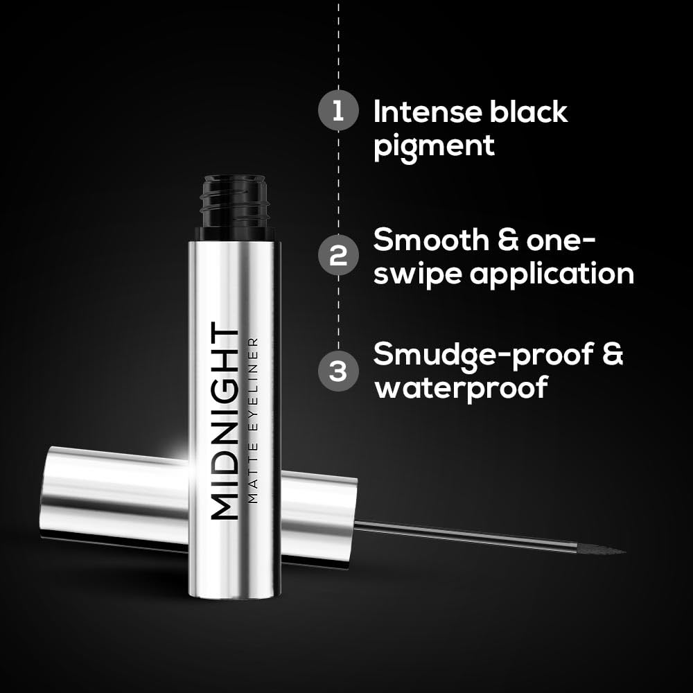 RENEE Midnight Matte Eyeliner, Darkest Black, Long Lasting, Smudge-Proof & Waterproof Formula, One-Swipe-Application with Intense Pigment, Enriched