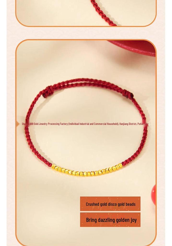 999 Gold Zodiac Red Bracelet: Crushed Disco Beads & Gold Luck Charm, Perfect Gift for Girlfriend