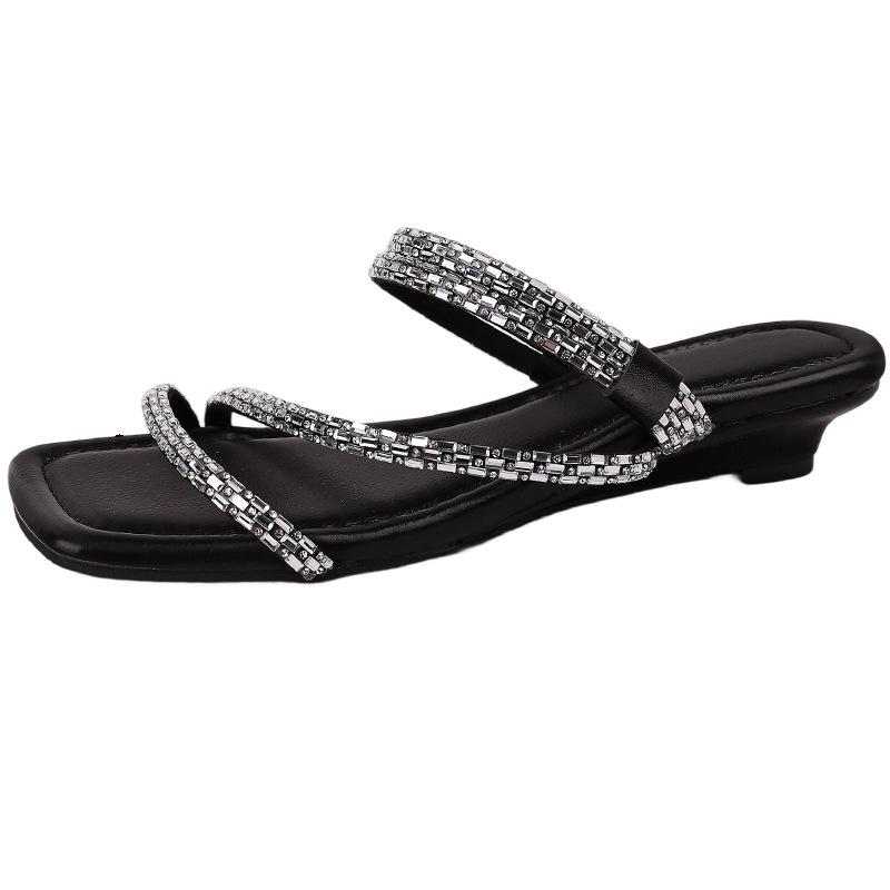 French low-heeled temperament cool slippers fairy shoes summer wear strap slippers combination rhinestone wedge sandals woman