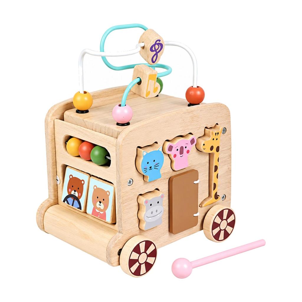 Multifunctional Wooden Bus Activity Toy Interactive Bus-Shaped