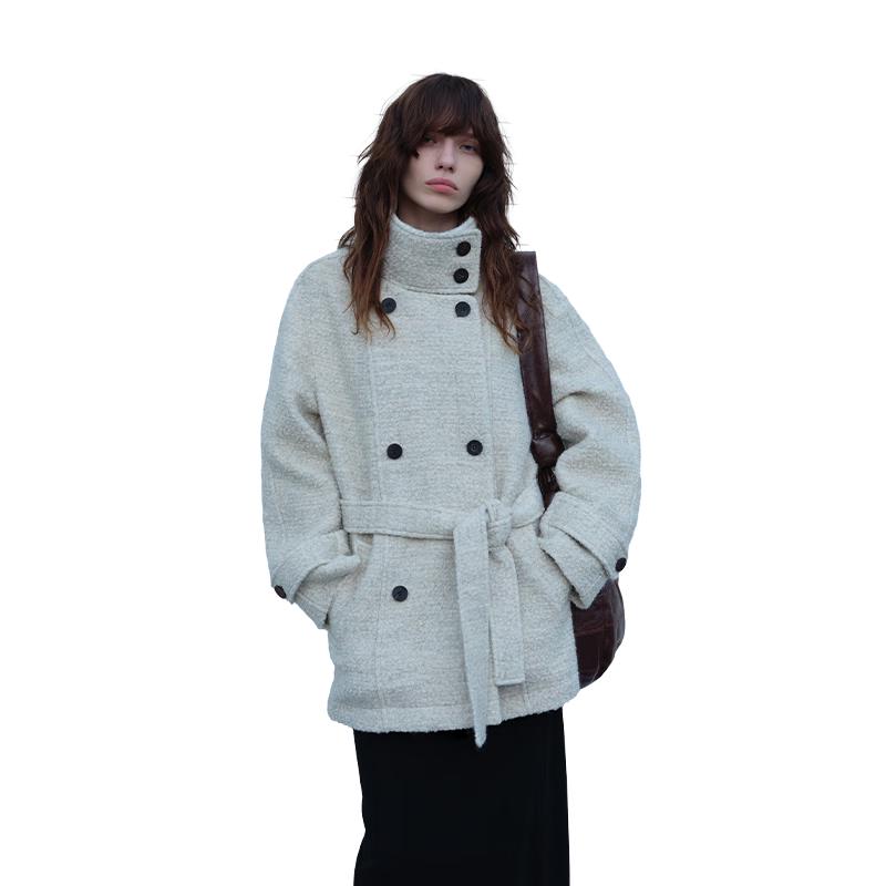 

GREEN BELT Women s Short Wool Blend Stand Collar Coat S