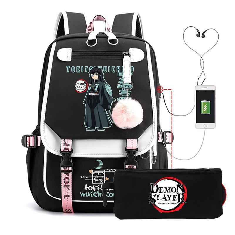 Casual Korean version schoolbag ghost extermination animation two-dimensional trend boys and girls USB backpack two-piece set