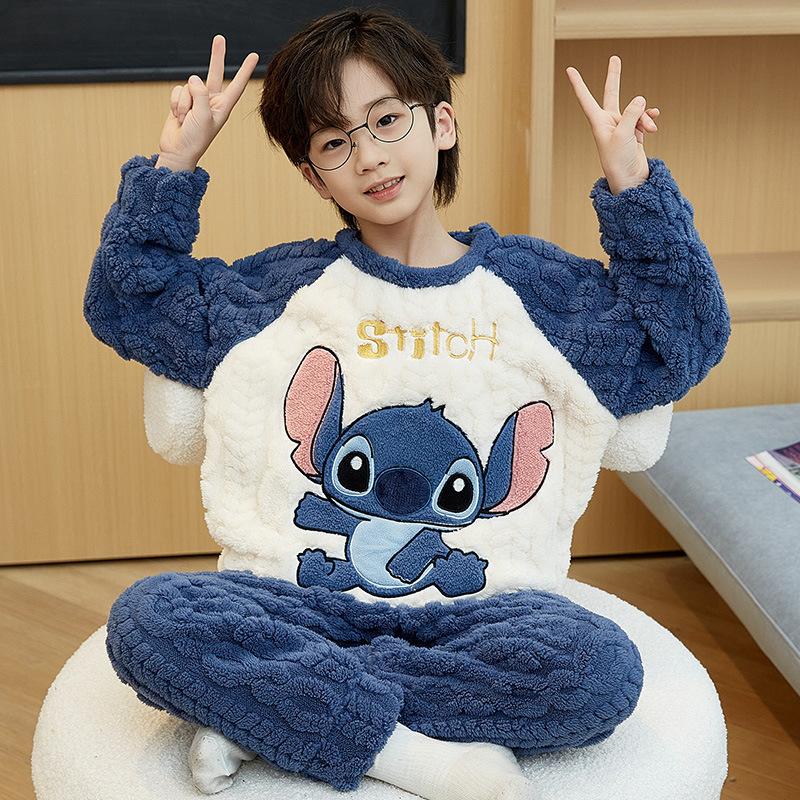 Kids Flannel Pajamas Set Boys Girls Warm Long Sleeve Top And Pants Sleepwear Winter Home Nightwear