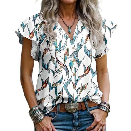 

Women Shirt V-Neck Sleeve Petal Casual Tops Loose Fit Buttons Decor Leaf L