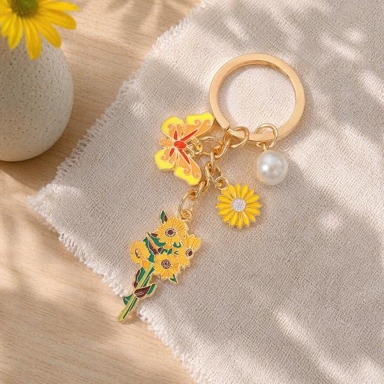 Schlüsselanhänger Anhänger mit runden Imitationsperlen, Blume Schmetterling Emaille Anhänger Schlüsselring, Pastoraler Stil Mehrschichtiger Anhänger Anhänger Schlüsselhalter