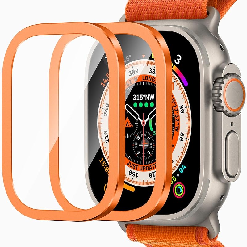Amizee 2 Pack Metal Case Compatible with Apple Watch Ultra/Ultra 2 Screen Protector Case 49mm with Tempered Glass, Metal Frame Built In HD Glass