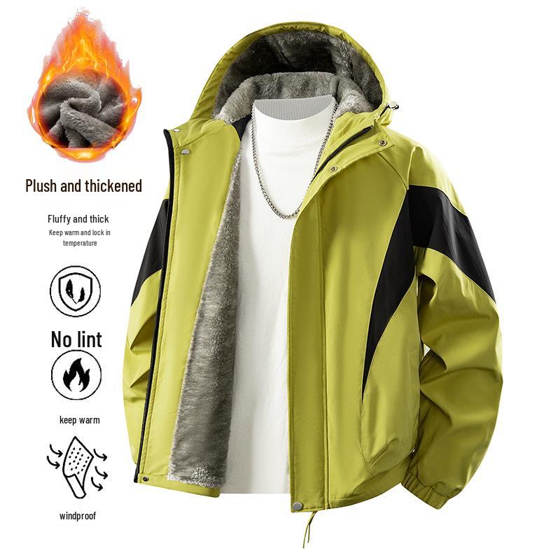 Unisex Plus Samt Verdickt Amerikanischer Stil Color-Block Kapuzen-Windbreaker, Große Größe, Lockere Passform, Outdoor Arbeitskleidung, Warmer Mantel